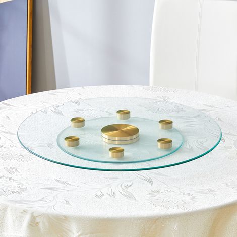 Plateau de table rond en verre tournant double étages, diamètre haut 61 cm et bas 38 cm, style rotatif facilitant la prise et le dépôt d'objets.