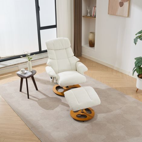 Massage Recliner with Ottoman - 5-Point Massager, Swivel & Lie Down, Wood/Metal Base for Living Room & Bedroom, White Chenille