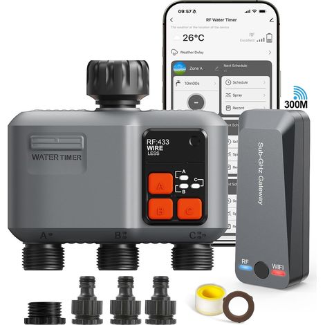 3 Way WiFi Watering Timer with 300M RF Technology Gateway, Automatic Watering Timer, Programmable Irrigation Timer and Remote Watering (1/5)