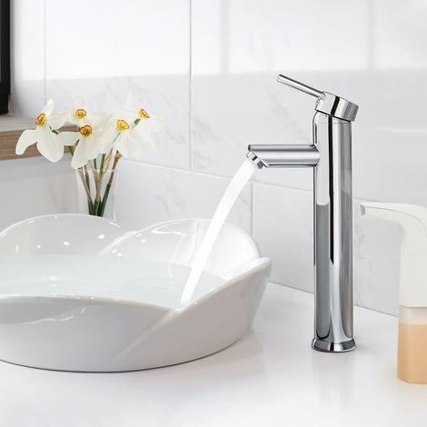 Robinet Mitigeur Lavabo Haut en Laiton, Robinet Salle de Bain, Chromé-Crezuo (1/4)