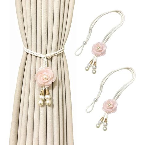 Lot de 2 embrasses de rideaux à motif floral avec perles, réglables avec épingles en métal à l'arrière, style léger et luxueux, adaptées pour salon, chambre à coucher (rose) (1/5)