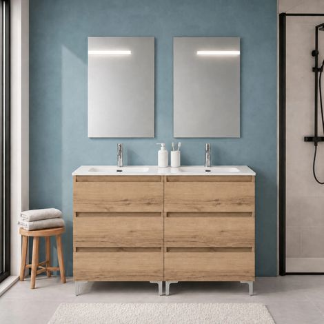 Mobile bagno a terra 120 cm quercia naturale tre cassettoni e doppia vasca Leda (1/5)