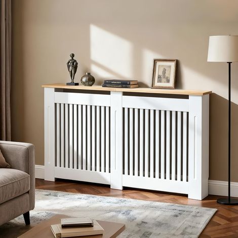Cache Radiateur en Bois Blanc Couverture Moderne avec Lattes et Étagère Supérieure Armoire Design pour Salon Chambre Bureau - 145x18x90.5cm (1/5)