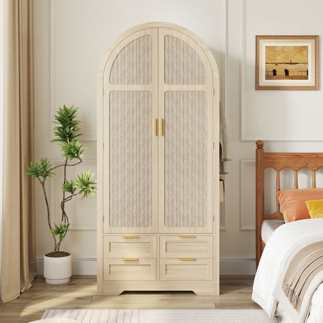Armoire penderie 80x50x179 cm, avec portes incurvées, tringle, tiroirs et grand rangement pour chambre ou entrée, MDF, Chêne