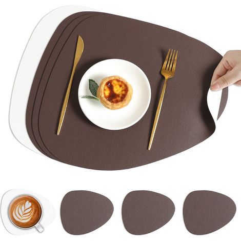 Ensemble de 4 sets de table et sous-verres, design double face, antidérapant et imperméable, lavable, en cuir, marron foncé et blanc cassé (4 sets de table et 4 sous-verres) (1/4)