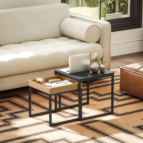 Lot de 2 Tables Basses Gigognes Carrées en MDF et Acier avec Plateau Amovible pour Petit Espace - 45x45x45cm - Noir (1/5)