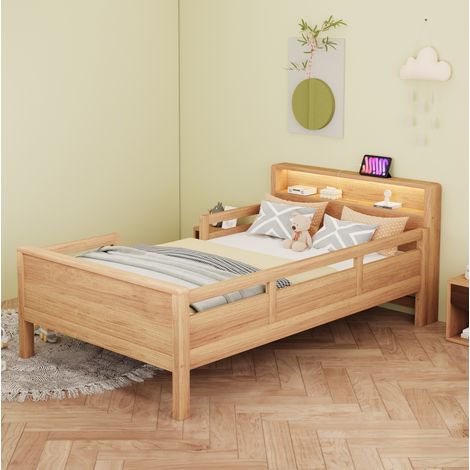 Etagenbett 90/200 cm aus Naturholz mit LED, USB- und Type-C-Anschluss, Kopfteil mit Ablage (1/5)