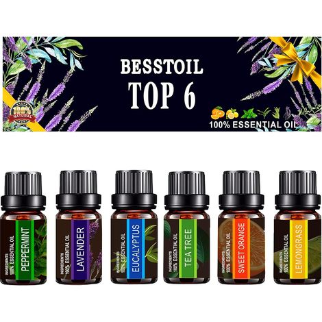 Ensemble d'huiles essentielles TOP6 100% Aromatherapy Pure Diffuseur d'huiles thérapeutiques de grade thérapeutique lavande, arbre à thé, eucalyptus, citronnelle, menthe poivrée, orange douce (1/5)