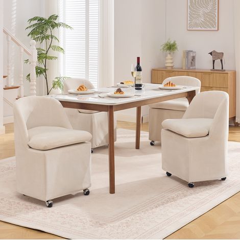 Sedia da sala da pranzo con ruote, tessuto chenille, senza braccioli, beige, set da 2 (1/5)