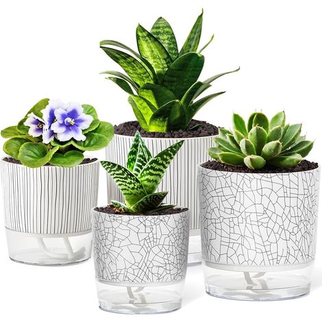 4 Pièces Pots à Arrosage Automatique, 11CM + 14CM Marbre Pot de Fleurs en Plastique avec Trou de Drainage et Grand Réservoir - Pots pour Bonsaï Aloès Herbes Orchidées Succulentes Plantes (1/5)