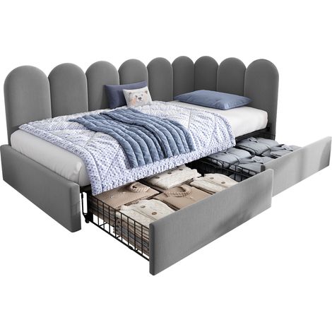 Lit capitonné simple avec tiroirs, coffre, velours, lit de jour banquette 90x200, sommier, lit ado adulte enfant, gris, matelas non inclus, gain de place, pour chambre ado (1/5)