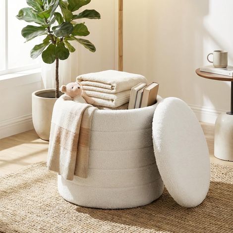 WOLTU Round Teddy Fleece Ottoman Storage Footstool W/Reversible and Removable Lid, White