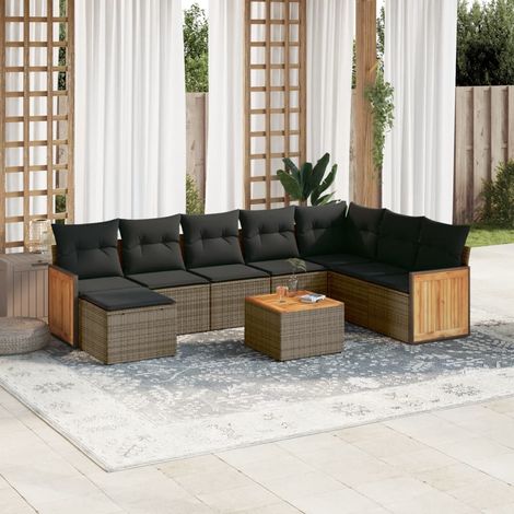 Salon de Jardin 7 Pièces en Résine Tressée Gris avec Coussins Amovibles et Pieds Réglables (1/5)