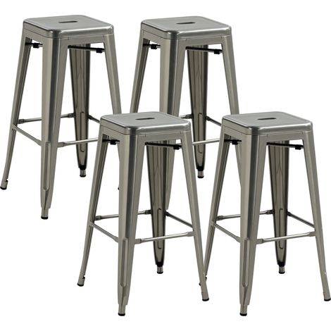 Set aus 4 stapelbaren Barhockern im Industriestil, Sitzhöhe 76 cm, silberfarbenes Metall
