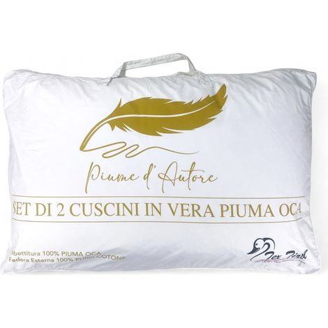 Guanciali Piume d'Autore, Set di 2 Cuscini Letto Matrimoniale Piuma d'Oca 50x80 cm, 1100g, Morbidi, Ipoallergenici e Ergonomici