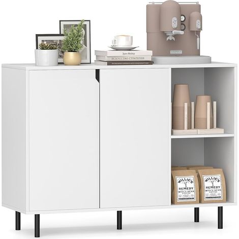 COSTWAY Credenza Cucina e Buffet in Legno, Mobile Dispensa con 2 Ante, 2 Scomparti Aperti a Ripiani Regolabili e Gambe in Metallo, per Sala da Pranzo, 106 x 38 x 80 cm (Bianco) (1/5)