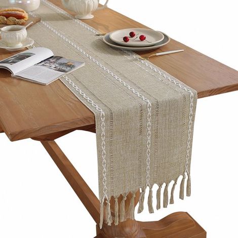 Camino de mesa, Camino de mesa de algodón, Mantel, cocina, sala de lectura, tocador y decoración (Amarillo almendra, 33275cm, Incluye borlas) (1/5)