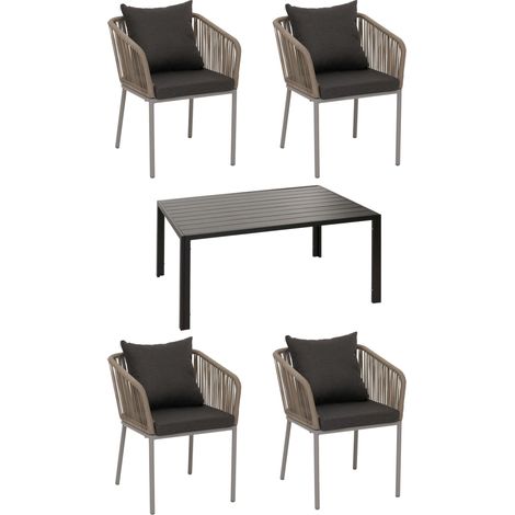 Gartengarnitur HHG-616, Tisch+4xStuhl, wetterfest Alu 140x80cm, Seilgeflecht Rope grau, Kissen dunkelgrau