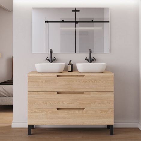 Meuble de salle de bain 120cm avec plateau et 2 vasques à poser arrondies - 3 tiroirs - roble era (chêne clair) - RIZA (1/5)