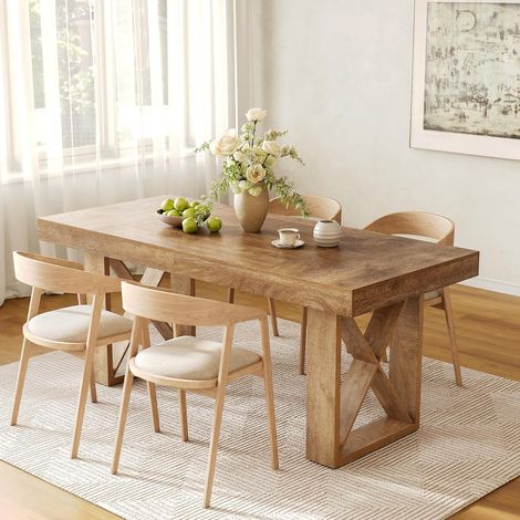 Tribesigns  63-Inch Dining Table for 4-6 People, Farmhouse Thick Appearance Design, Rectangle Kitchen Dinner Table for Home, Rustic Yellowish Brown