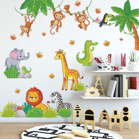 Linghhang – Stickers muraux animaux jungle – Décoration murale chambre enfants – Autocollants amovibles imperméables 60cm x 90cm – Lot de 4 designs (1/5)