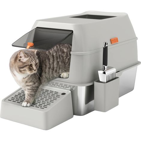 Arenero para gatos, diseño de cubiertos, fácil de limpiar, gris claro, 60,2 x 40,5 x 40,5 cm (1/5)