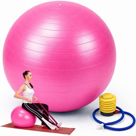 Relaxdays Fitness Ball, 75 cm, with pump, anti-burst, 150 kg, PVC, for yoga & Pilates, office seating ball, pink (1/5)