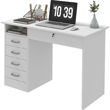 Scrivania Moderna 5 Cassetti con Serratura e 2 Chiavi 110x50x76 cm in Truciolato Bianco (1/5)