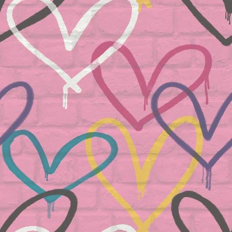 Rasch Graffiti Hearts Pink Brick Wall Effect Design Paste The Paper Wallpaper (1/4)