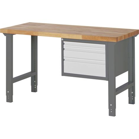 STIER Höhenverstellbare Werkbank Premium, 3 Schubladen, 150x70x79-114cm, aus pulverbeschichtetem Stahl und Buche, ideal für flexible und ergonomische Werkstätten