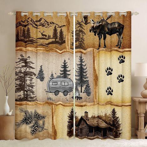 RV Camper Rideau pour chambre à coucher, Rustic Happy Camping Theme Plaid Rideau de fenêtre pour filles adolescentes, Cerf Animaux sauvages Chasse Cabine Décor Décor Microfibre Traitement - 245x140cm  (1/5)