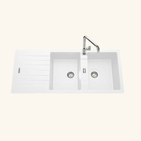 Cuisissimo – Évier granit blanc 116x50 cm – 2 bacs réversibles – Évier encastrable avec vidage manuel – Bonde et siphon inclus (1/3)