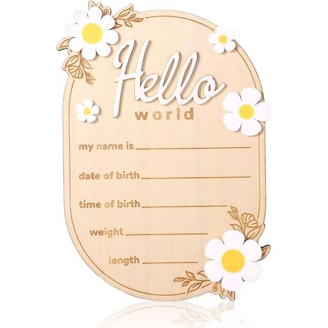 Panneau d'Annonce de Bébé, 15x10,5cm Bois Hello World Panneau d'Annonce Naissance pour Nouveau-Né Décorations Parfaites et Accessoires Photo pour Maison Crèche l'Hôpital (1/5)
