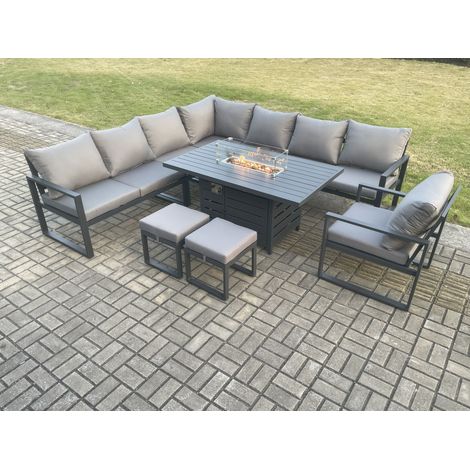 Fimous Aluminium 10 Seater Garden Furniture Outdoor Set Patio Lounge Sofa Gas Fire Pit Dining Table Set with Chair 2 Small Footstool Dark Grey (1/5)