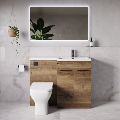 Napoli 390 Tobacco Oak 1100mm 2 Door Vanity Unit Toilet Suite with Square Right Hand Lucia Basin - 1100mm - Matt Black 160mm HandleWith Kingston Toilet Pan and Seat