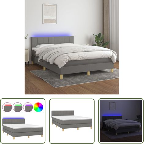 The Living Store Sommier à lattes de lit et matelas et LED Gris foncé 140x190 cm - Sommier Tapissier - Lit Plateforme - Lit Avec Led - Matelas À Ressorts Ensachés - Têtière Ajustable (1/5)