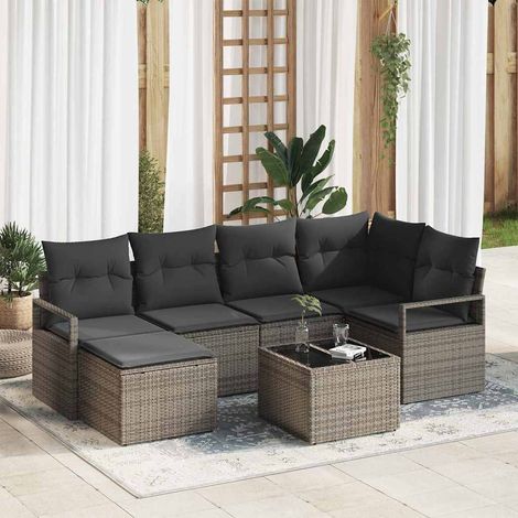 Sofa Set 7 pcs Grau Poly-Rattan