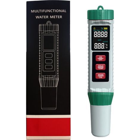 Testeur numérique de pH-mètre pour l'eau : 5 en 1, pH, EC, TDS, salinité, température, testeur numérique de piscine de haute précision – Compensation automatique de la température ave (1/5)