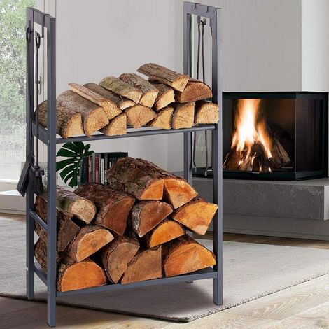 Porte-Bois Vertical Support Étagère en Métal, 2 Étagères, Intérieur Extérieur, Maison, Jardin, Pour Cheminée, Poêle, Design Moderne (100 x 60 x 30 cm) (1/5)