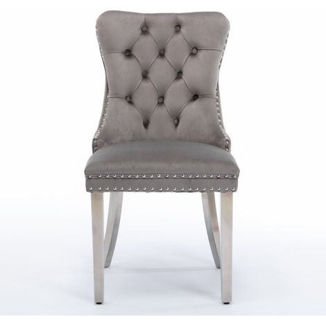 Chaises de salle à manger modernes haut de gamme en bois massif (Design capitonné, Revêtement en velours, Pieds en acier inoxydable chromé, Accents cloutés) — Lot de 2 — Gris et Chrome