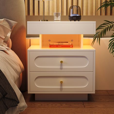 Table de chevet 100x40x60 cm blanc en panneau de particules avec LED, 2 tiroirs et niche ouverte (1/5)