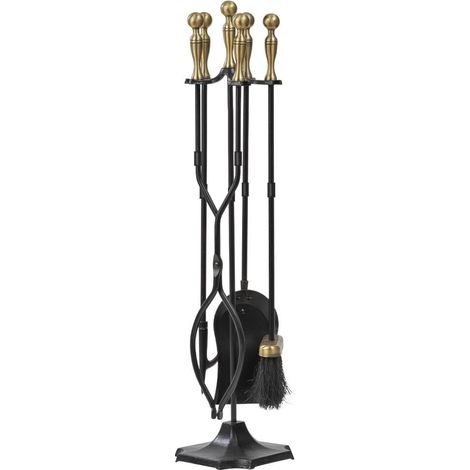 Ensemble serviteur de cheminée 5 pièces Accessoire 64cm Outils cheminee Outil cheminée Serviteur poele a Bois Pelle Balai Pince Support Tisonnier (1/5)