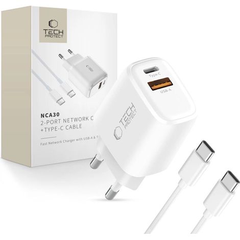 Tech-Protect NCA30 PD 30W QC3.0 USB-A/USB-C-Wandladegerät + USB-C/USB-C-Kabel 100 cm – Weiß