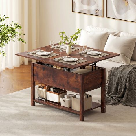 Table basse relevable extensible, meuble de salon avec rangement secret et étagère, 100x45x50,5cm, finition bois brun vintage (1/5)