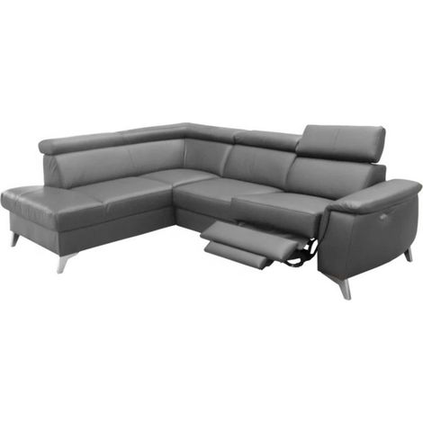 Canapé d'angle en cuir italien de luxe 5/6 places avec relax électrique et coffre, LINCOLN, gris foncé, angle gauche (1/4)