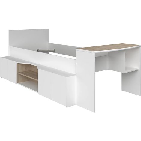 Letto combinato 90 x 190/200 cm con scrivania e scomparti Bianco e Naturale - JOCHIANE
