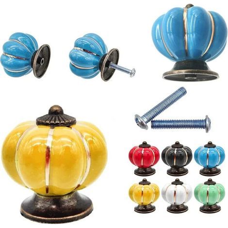 GENERIC-– Lot de 7 boutons de tiroir en céramique forme citrouille – Mélange de couleurs vives – Fixation par vis 5mm – Pour armoires et tiroirs (1/5)