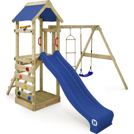 Wickey Spielturm Klettergerüst FreeFlyer mit Schaukel & Rutsche, Kletterturm mit Sandkasten, Leiter & Spiel-Zubehör - blau (1/7)