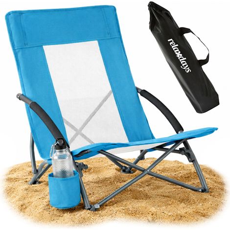 Chaise de plage pliable Relaxdays, sac, porte-gobelet, 135 kg, en mesh, légère, polyester/métal, bleu