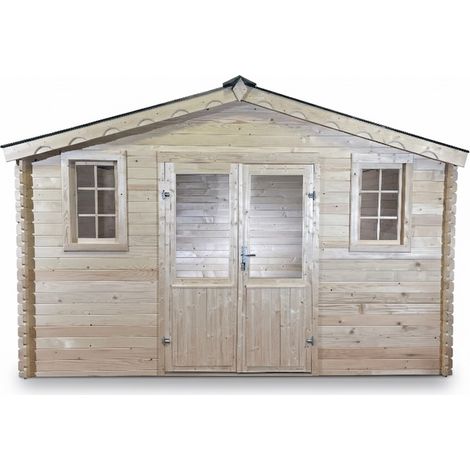 HABRITA Abri de jardin bois massif 11,04 m² - madriers 28 mm - toit acier double pente - embase incluse - BAX4030